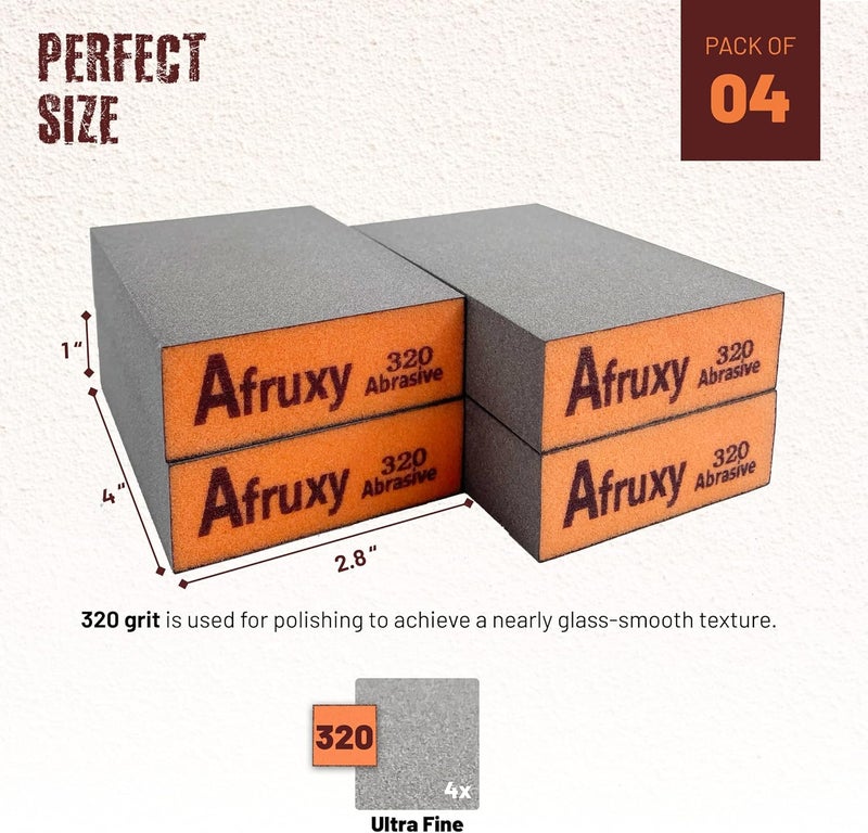 Afruxy عبوة 4 قطع من إسفنجات الصنفرة 320 حبيبة مع قفازات عمل - كتل ورق صنفرة فائقة الكثافة لتلميع الخشب والجدران الجافة والمعادن والأثاث - كتل صنفرة قابلة لإعادة الاستخدام للاستخدام الرطب/الجاف - Image 5